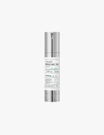 Skincare serum bottle with silver cap and white label on a white background